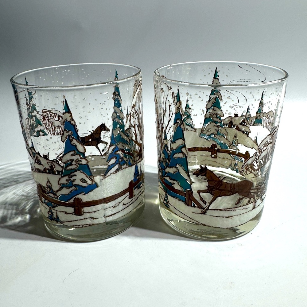 Vintage Culver Snow Scene Barware old-fashioned whiskey Lowball glasses 14oz set